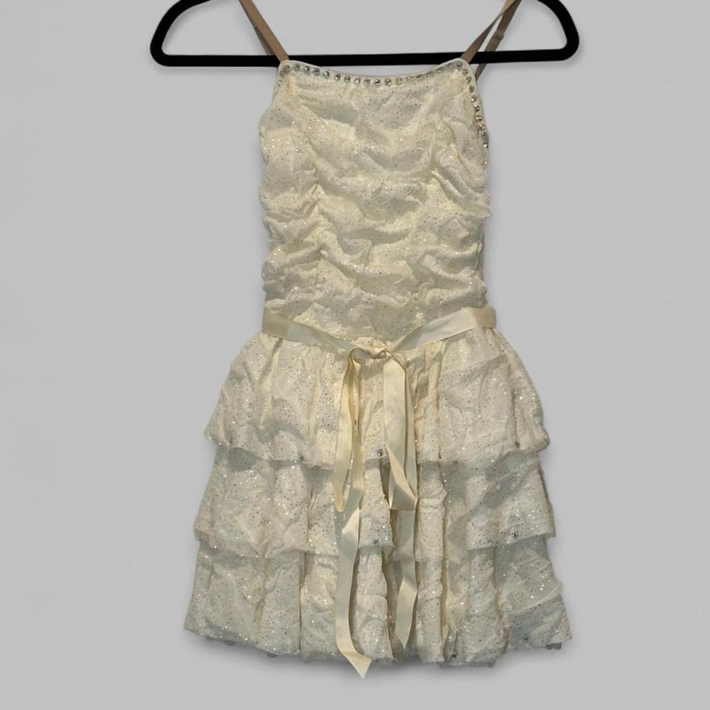Girl's Cream Ruffled Dress with rhinestones built in shorts Youth Large 10-12
